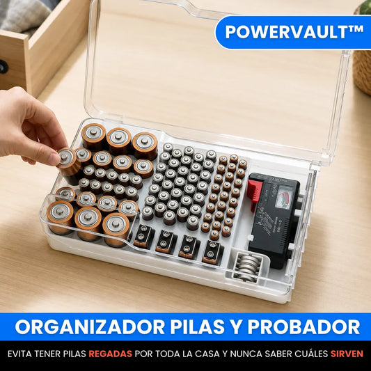 PowerVault™ – Organizador de Pilas con Tester
